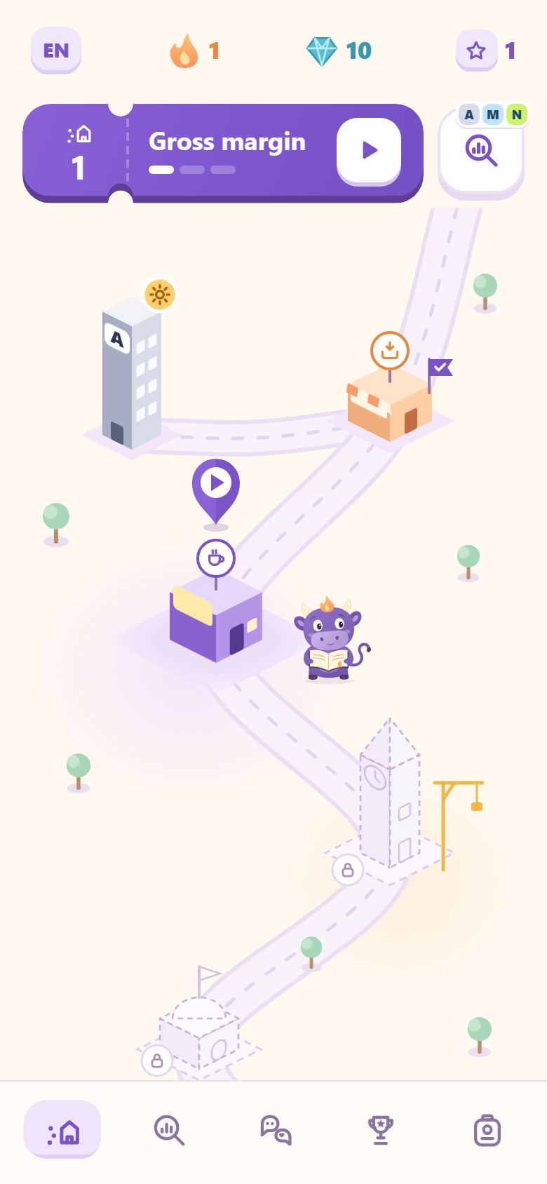 Screenshot of the Bullumi prototype: a small isometric town where the shop is built, the café has a pin and the clock tower is still a blueprint